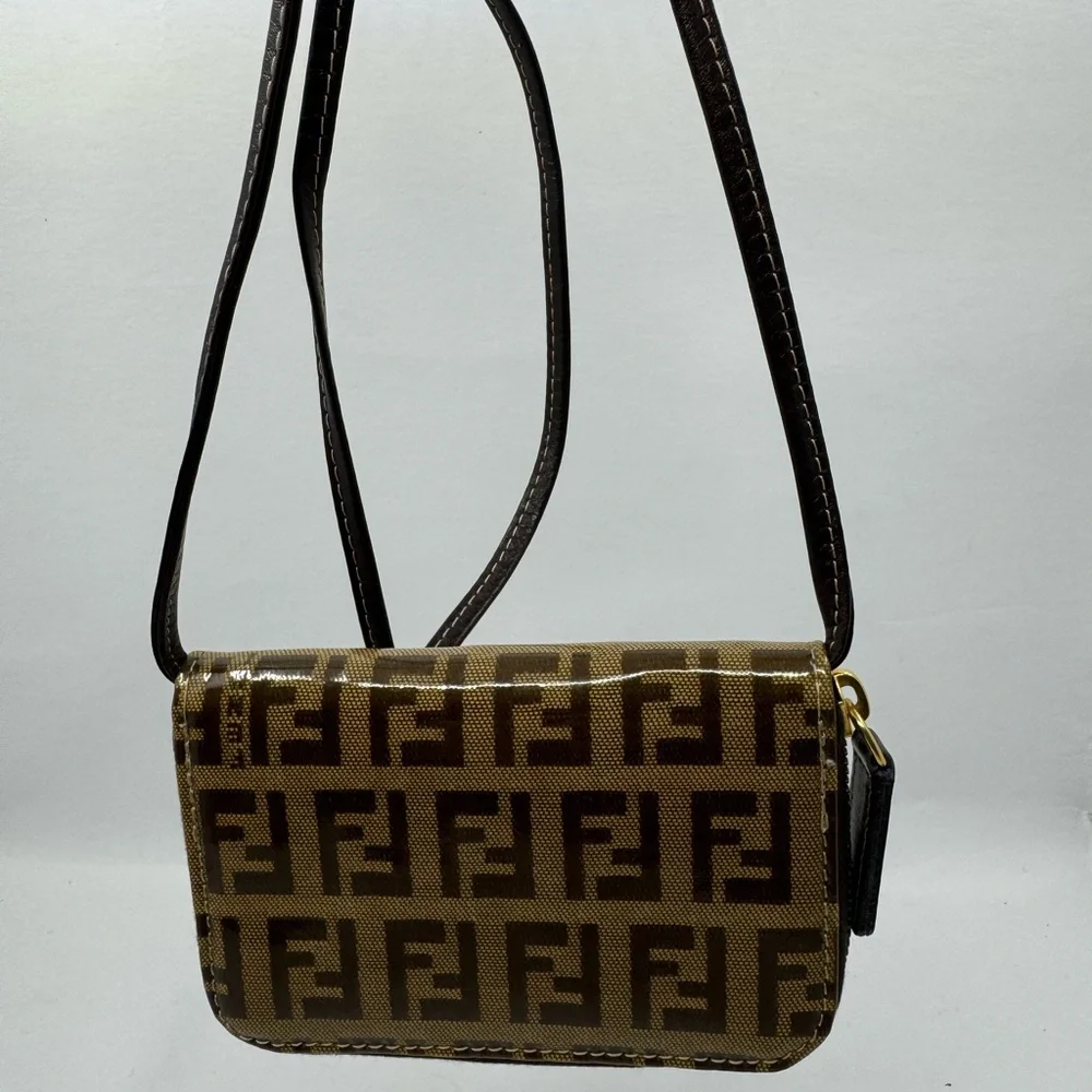 Fendi Zucca Leather Zipper Coin Wallet Pouch Mini Crossbody 22974 - Picture 2 of 4